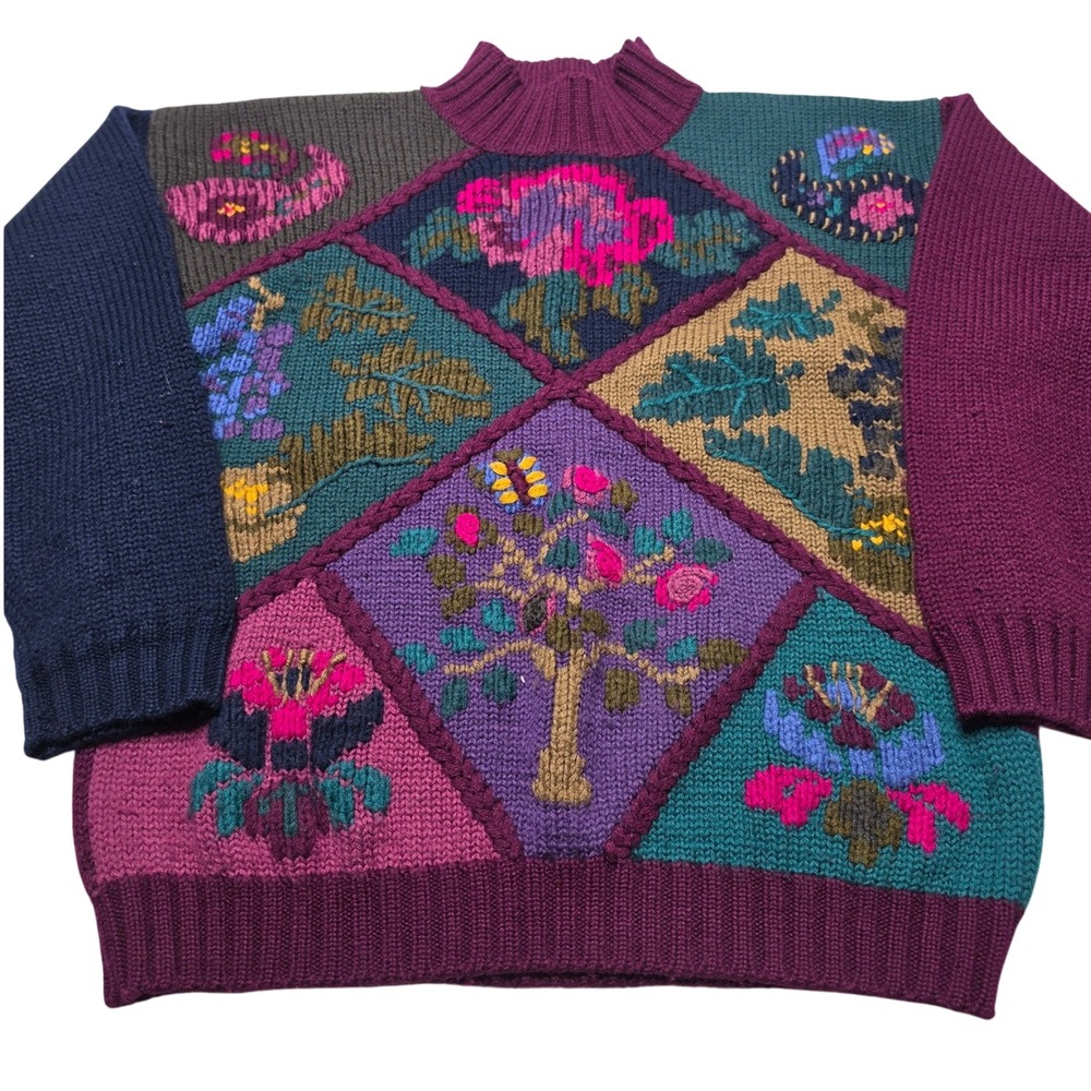 Vintage 1991 Eddie Bauer Wool Patchwork Floral Intarsia Sweater L Large Multi